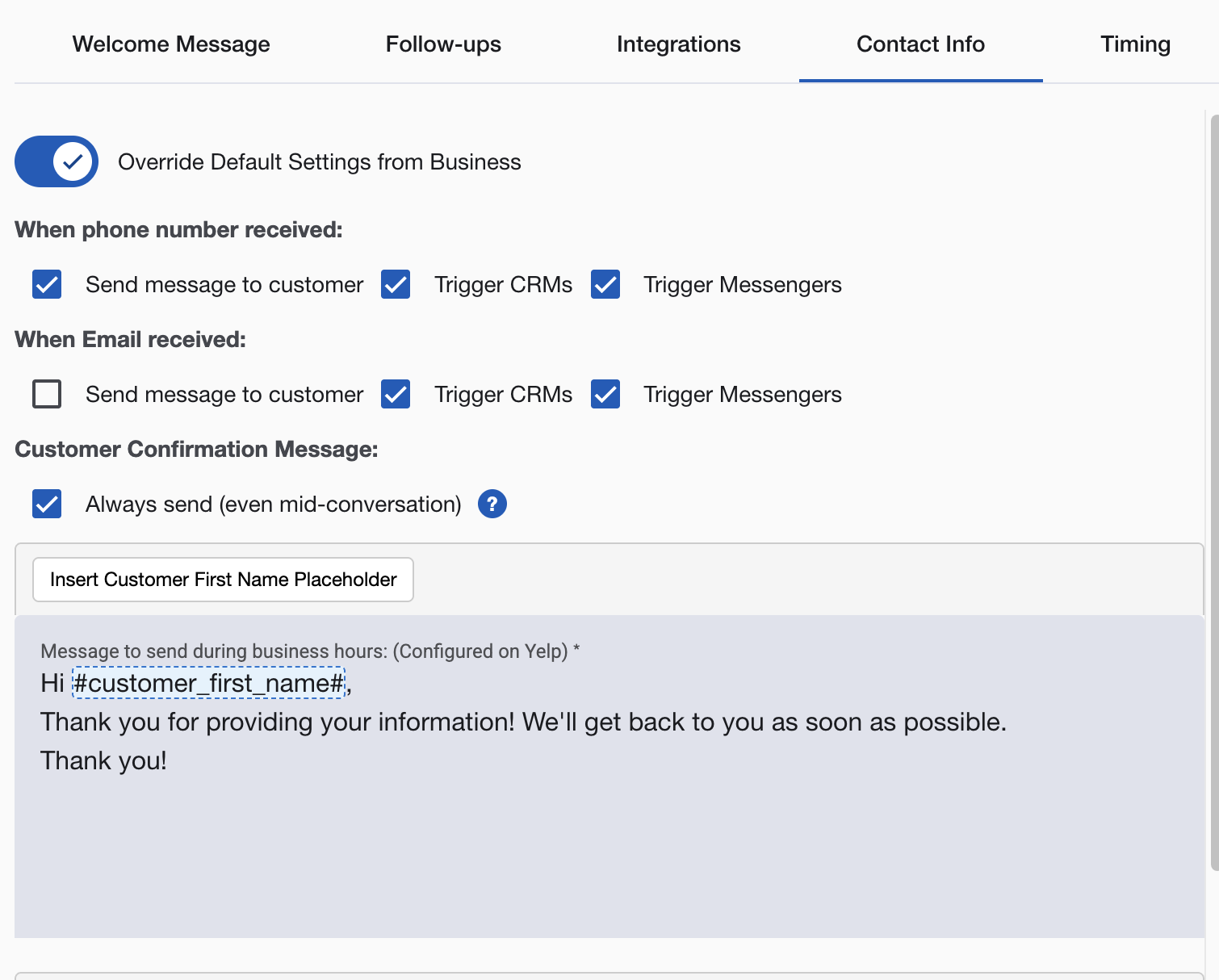 Yelp Auto Respond Contact Info Overview